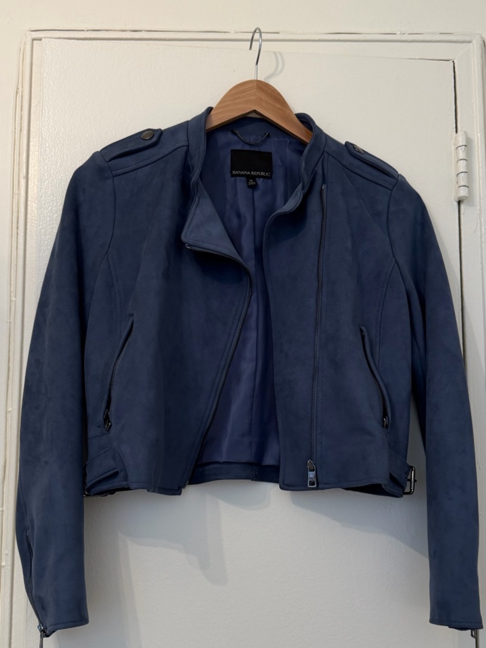 Banana Republic Navy Faux Suede Cropped Moto Jacket Blur Medium